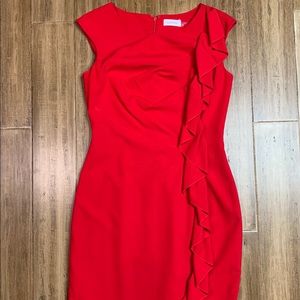 Calvin Klein bright red ruffle tailored dress